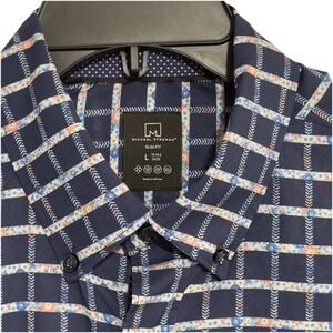 Michael Strahan Men's Sz L Blue Slim Fit Long Sleeve‎ Button Shirt Floral Plaid